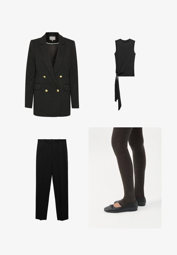 Čierny dvojradový blejzer vyrobený z mäkkej látky, s zlatými gombíkmi, špicatými klopami, prednými vreckami a prispôsobeným strihom.; Mango Top - black; Čierne nohavice s rovnými nohavicami, ktoré majú predné záhyby, hladkú textúru a štandardný pás s pútkami na opasok.; Nohy v tmavých pásikavých legínach v kombinácii s čiernymi balerínkami s malými mašličkami na bielom pozadí.