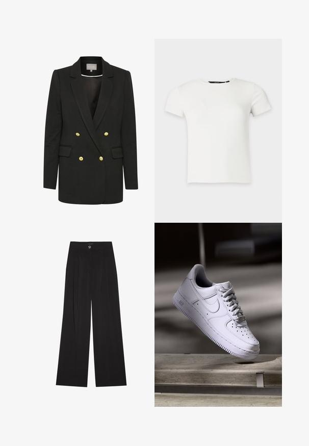 Schwarzer, doppelreihiger Blazer aus weichem Stoff, mit goldenen Knöpfen, gewölbten Revers, Fronttaschen und maßgeschneiderter Silhouette.; Weißes kurzärmeliges, geripptes Strick-T-Shirt mit Rundhalsausschnitt, dargestellt vor einem schlichten hellgrauen Hintergrund.; Schwarze Hosen mit weitem Bein aus weichem Stoff, mit hoher Taille, vorderen Falten und einem einzelnen Knopfverschluss. Glatte Textur und maßgeschneidertes Design.; Weißer Nike Air Force 1 Sneaker schwebt über einer Betonoberfläche mit Schatten in einem minimalistischen Umfeld.