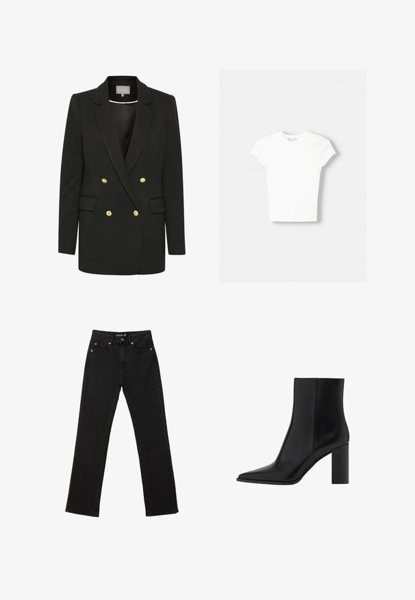 Schwarzer, doppelreihiger Blazer aus weichem Stoff, mit goldenen Knöpfen, gewölbten Revers, Fronttaschen und maßgeschneiderter Silhouette.; Weißes kurzärmliges T-Shirt aus weicher Baumwolle, mit Rundhalsausschnitt und figurbetonter Form. Keine sichtbaren Muster oder Verzierungen.; Schwarze Jeans mit geradem Bein, fünf Taschen, Knopfverschluss und Gürtelschlaufen, Größe 38.; Schwarzer Leder-Stiefeletten mit spitzer Zehe, hohem Blockabsatz und glatter Oberfläche. Einfaches Design mit klaren Linien, ohne sichtbare Beschläge.