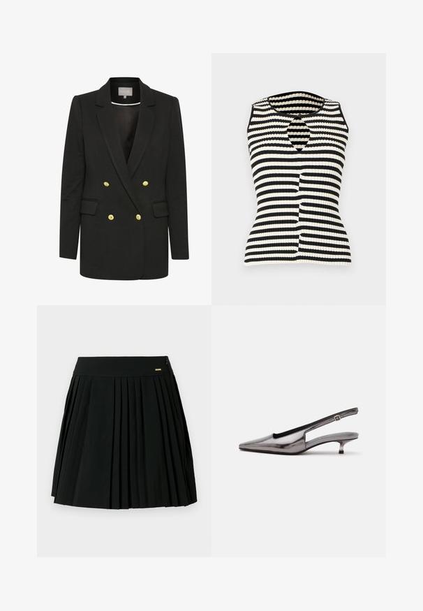 Schwarzer, doppelreihiger Blazer aus weichem Stoff, mit goldenen Knöpfen, gewölbten Revers, Fronttaschen und maßgeschneiderter Silhouette.; Ärmelloses, geripptes Stricktop mit schwarzen und weißen horizontalen Streifen, einem Rundhalsausschnitt und einem kleinen Schlüsselloch-Ausschnitt mit Knopfverschluss.; Schwarzer plissee Rock mit glattem Bund und seitlichem Reißverschluss. Hergestellt aus weichem Stoff, mit klaren Falten für einen strukturierten Look.; Metallic-grauer Slingback-Schuh mit spitzer Schuhspitze, niedrigem Kittenabsatz und verstellbarem Riemen auf weißem Hintergrund.
