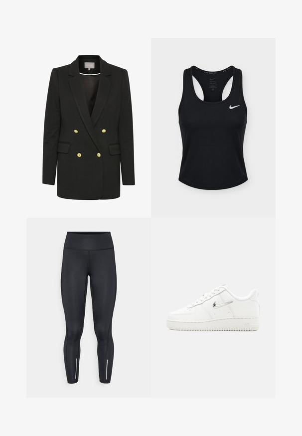 Sort dobbeltradet blazer lavet af blødt stof, med guld knapper, spidse klapper, frontlommer og en skræddersyet silhuet.; Sort Nike Dri-FIT ærmeløs løbetop med racerback og hvid Nike swoosh-logo på venstre bryst.; Sorte leggings lavet af strækbart materiale med høj talje, der har reflekterende detaljer nær anklerne og en glat overflade.; Hvid Nike Air Force 1 sneaker med metallisk sølv swoosh-logo, snørelukning foran, gennemhullet tå og tekstureret gummisål.