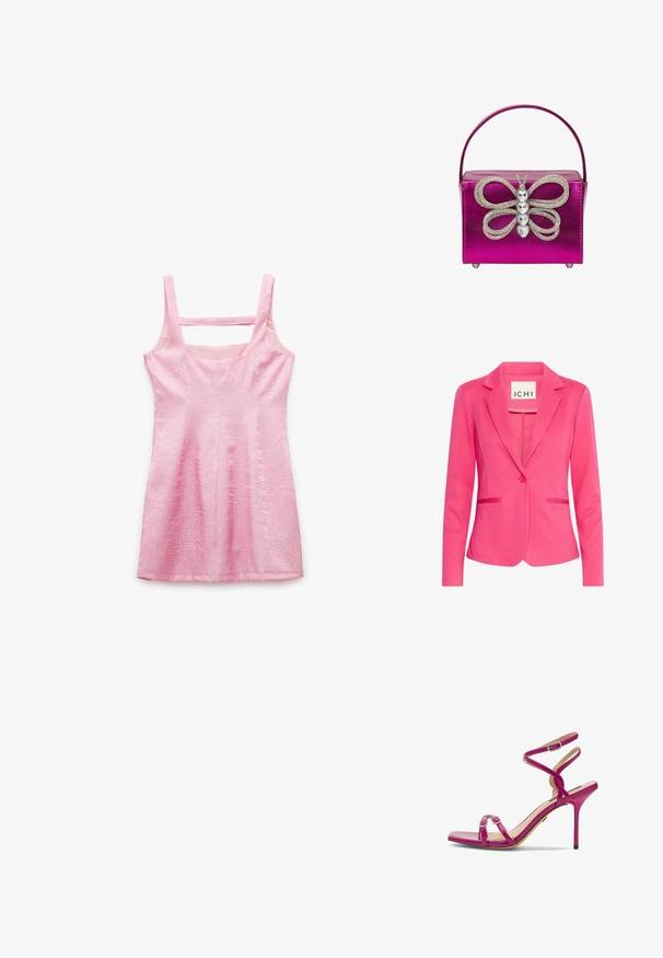 Rosa blazer med en tætsiddende design, med klassiske slag, enkelt knaplukning og to forlommer. Lavet af et glat, strækbart materiale.; Lyserød ærmeløs kjole med tekstureret stof, lige halsudskæring og firkantet udsnit bagpå. Har en tætsiddende silhuet og knælængde.; Skinnende fuchsia høje hæle sandal med tynde remme, to spænder over tæerne og ankelrem med lille sølvspænde.; Rosa metalisk håndtaske med en struktureret form, med et sommerfuglemotivet lavet af klare ædelsten og metalaccenter. Kort hank.