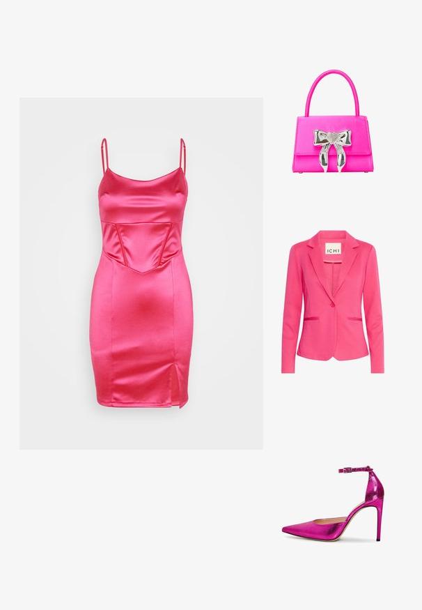 Rosa blazer med en tætsiddende design, med klassiske slag, enkelt knaplukning og to forlommer. Lavet af et glat, strækbart materiale.; WAL G. CALEB CORSET MINI - Cocktailkjole / festkjole - fuchsia; Lys pink metallic højhælet pumpe med spidse tæer, ankelrem og tekstureret overflade. Har en slank stiletthæl og en glat indvendig. ; Rosa håndtaske med en glat overflade, prydet med en sølvfarvet hjerteformet sløjfe og en struktureret rektangulær form. Sammenklappeligt håndtag.