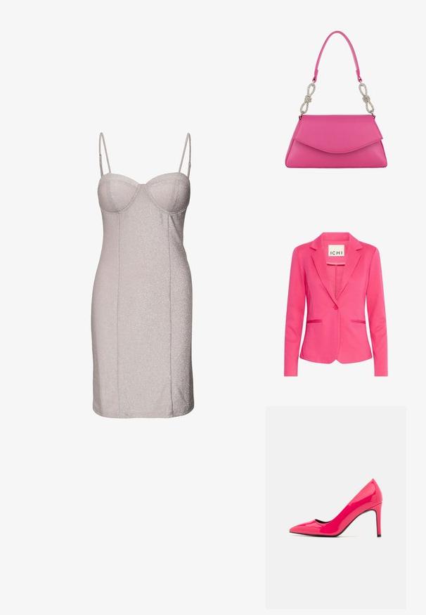 Rosa Blazer mit tailliertem Design, Reverskragen, einfacher Knopfverschluss und zwei Fronttaschen. Hergestellt aus einem glatten, dehnbaren Stoff.; SOMETHINGNEW VENUS MINI DRESS - Jerseykleid - lilac snow; Leuchtend pinkfarbene lackierte High-Heels mit spitzer Zehenform und schlanker Silhouette, ausgestattet mit einem dünnen Stiletto-Absatz und schwarzem Innenleben.; Pinkfarbene Lederhandtasche mit einer strukturierten Klappe und einem einzelnen Griff mit zwei silbernen strassbesetzten schleifenförmigen Applikationen.