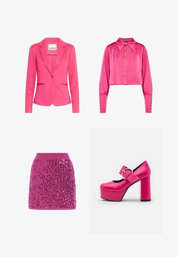 Rosa Blazer mit tailliertem Design, Reverskragen, einfacher Knopfverschluss und zwei Fronttaschen. Hergestellt aus einem glatten, dehnbaren Stoff.; Gekürzte Bluse aus strahlend pinkem Satin mit spitzem Kragen, Knopfleiste und langen Ärmeln, die mit goldenen Knopfakzenten an den Manschetten versehen sind.; Magenta gestrickter Minirock, dekoriert mit vertikalen Reihen glänzender Pailletten und einem gerippten Bund.; LAMODA FORGET ME PLATFORM - High Heel Pumps - fuchsia