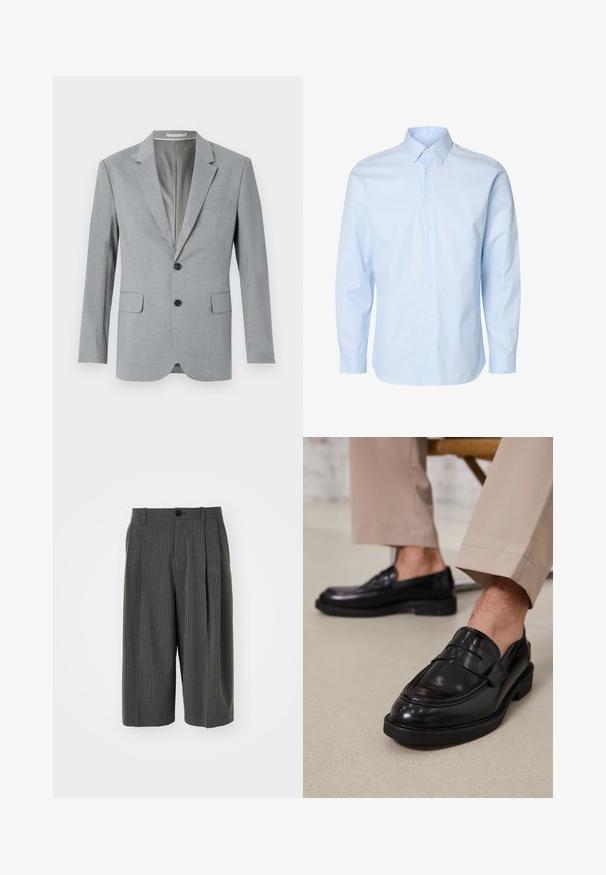 Blazer gris avec un tissu texturé, design à un bouton, revers crantés, deux poches avant et boutons noirs. Doublure intérieure.; Chemise habillée homme bleu clair à manches longues avec patte de boutonnage et col classique sur fond blanc.; Shorts larges à rayures gris avec fermeture à bouton et plissé à l'avant. Fabriqués à partir d'un tissu texturé, présentant un design ajusté.; Mocassins en cuir noir avec une finition lisse, ornés d'une sangle décorative et de coutures contrastées, associés à un pantalon beige.