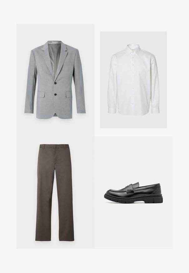 Blazer gris avec un tissu texturé, design à un bouton, revers crantés, deux poches avant et boutons noirs. Doublure intérieure.; Chemise blanche à manches longues en coton, dotée d'un col classique, d'une patte de boutonnage à l'avant et de poignets boutonnés. Texture lisse sans motifs visibles.; Pantalon en coton marron avec une coupe droite, doté de passants de ceinture et une texture lisse. Aucun motif visible ni détail de quincaillerie.; Mocassin en cuir noir avec une large sangle sur le devant, semelle en caoutchouc à épaisse rainure, et texture lisse. Design classique et élégant.