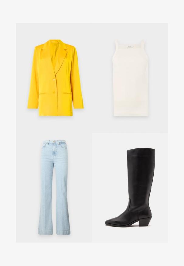 Blazer jaune en tissu lisse avec un col châle, deux poches avant et deux boutons pour la fermeture. Coupe ajustée, manches longues.; Débardeur crème à côtes, avec des bretelles fines, une coupe ajustée et un ourlet droit. L'étiquette indique "IVY OAK". Le tissu semble doux et extensible.; Jean évasé bleu clair en denim. Doté d'une taille haute, d'une fermeture éclair et de deux poches avant. Décoloration subtile sur le tissu, ourlet propre.; Botte en cuir noire mi-mollet avec un bout pointu et un talon bas incliné sur un fond clair uni.