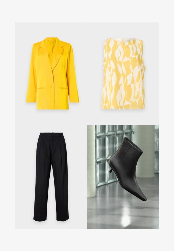 Blazer jaune en tissu lisse avec un col châle, deux poches avant et deux boutons pour la fermeture. Coupe ajustée, manches longues.; Blouse sans manches avec motif géométrique ondulé abstrait jaune et blanc, encolure ronde et fermeture par boutons dans le dos.; Pantalons noirs au design ajusté, avec une taille haute, des plis et une coupe droite. Fabriqués en tissu lisse de couleur unie.; Bottine en cuir noir avec bout pointu et petit talon, présentée devant un mur en blocs de verre et un sol poli.
