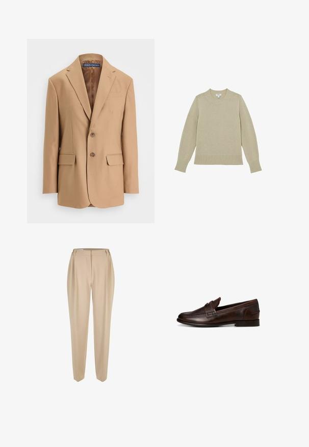 Tan blazer van gladde stof, met een eenknopsdesign, twee voorzakken en twee knopen. Met gegoten revers en strakke lijnen.; Beige gebreide trui met een ronde hals, geribbelde zoom en manchetten. Licht gestructureerde stof met gestikte details langs de mouwen.; Beige op maat gemaakte rechte broek met riemlussen, voorrits en zijzakken, gepresenteerd op een witte achtergrond.; Donkerbruine leren herensloffen met lage hak en decoratieve band over de wreef, zijaanzicht op een witte achtergrond.