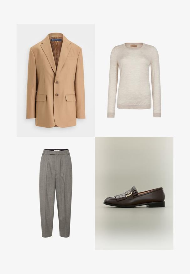 Tan blazer lavet af glat stof, med et enkeltknapsdesign, to frontlommer og to knapper. Notched revers og rene linjer.; Langærmet crewneck-trøje i lysebeige, lavet af fint strikket stof med ribstrikkede manchetter og kant.; Grå plisserede bukser i hørmønster med flad talje og tætsiddende ben, lavet af et glat materiale.; Mørkebrune læderloafer med frynsedetalje og guldbeslag på en neutral baggrund, sidevisning.