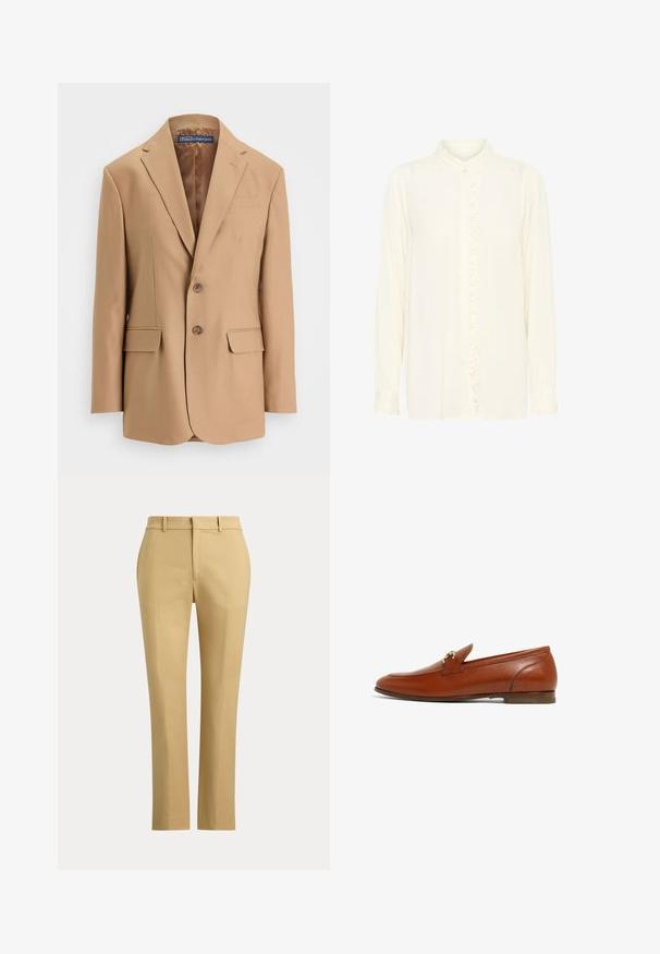 Tan blazer lavet af glat stof, med et enkeltknapsdesign, to frontlommer og to knapper. Notched revers og rene linjer.; Cremefarvet bluse lavet af blød stof. Har en høj flæsekrave, knaplukning fortil og flæse-detaljer ned langs midten. Lange ærmer.; Beige bukser med lige ben, bæltestropper, forreste presning og en ensfarvet talje mod en ensfarvet baggrund.; Brun læderloafer med rund tå, lille broderet detalje og lav hæl. Glat tekstur med minimale sydetaljer.