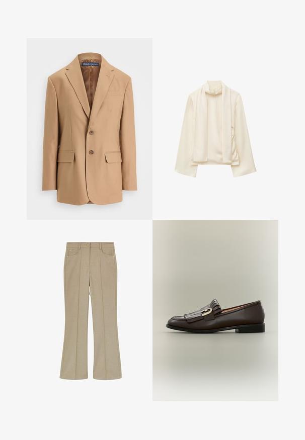 Tan blazer lavet af glat stof, med et enkeltknapsdesign, to frontlommer og to knapper. Notched revers og rene linjer.; Cremefarvet bluse med lange, brede ærmer og høj hals. Den har et let, glat stof og en matchende tørklæde detalje.; Beige højtaljede flare-bukser med forreste plissé, bæltestropper, sidelommer og knaplukning foran.; Mørkebrune læderloafer med frynsedetalje og guldbeslag på en neutral baggrund, sidevisning.