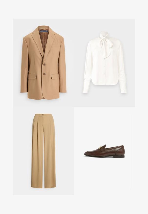 Tan blazer lavet af glat stof, med et enkeltknapsdesign, to frontlommer og to knapper. Notched revers og rene linjer.; Hvid langærmet bluse i et let materiale med høj krave og stort Sløjfedetalje ved halsen, der har en knappet front.; Beige bukser med vide ben lavet af glat stof. Har knaplukning, plisseringer foran og en afslappet pasform med en lige silhuet.; Brun læderloafer med en rund tå, der har en guldfarvet hardwaredetalje på overdelen. Flad sål med diskrete syninger.