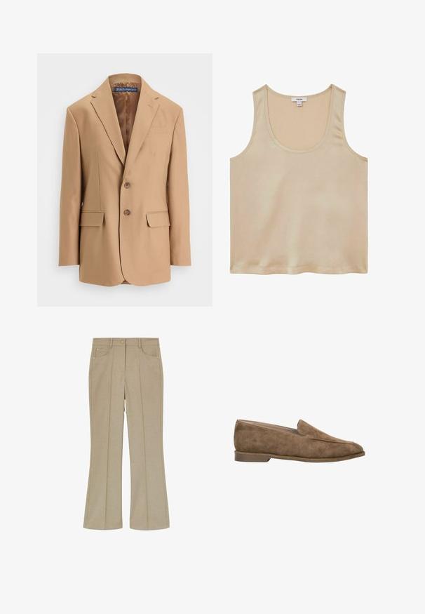 Tan blazer van gladde stof, met een eenknopsdesign, twee voorzakken en twee knopen. Met gegoten revers en strakke lijnen.; Reiss REGULAR FIT - Blouse - neutral; Beige broek met hoge taille en wijde pijpen, met plooien aan de voorkant, ceintuurlussen, zijzakken en een knoopsluiting aan de voorkant.; Bruine suède instapsloffen met lage hak en afgeronde neus, zijaanzicht tegen een witte achtergrond.