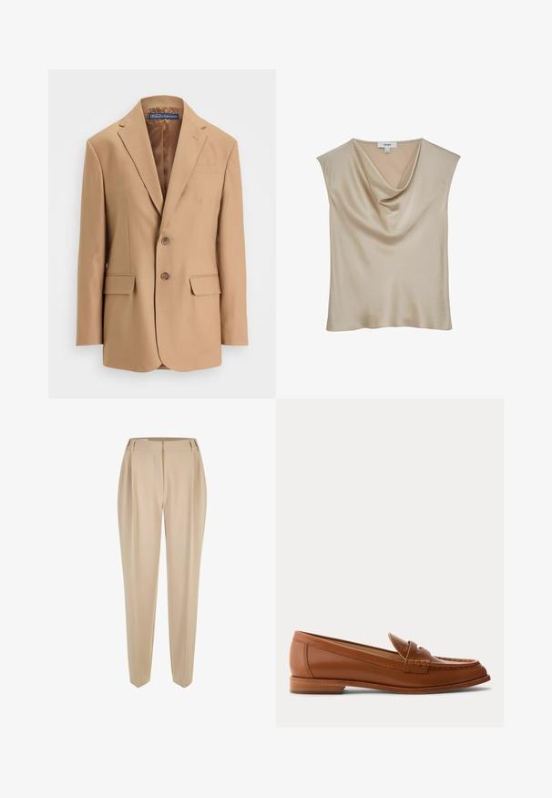 Tan blazer van gladde stof, met een eenknopsdesign, twee voorzakken en twee knopen. Met gegoten revers en strakke lijnen.; Beige satijnen mouwloze blouse met watervalhalslijn, gelabeld "REISS", getoond tegen een witte achtergrond.; Beige op maat gemaakte broeken met riemlussen, rechte pijpen en een verborgen voorknopen, gepresenteerd op een witte achtergrond.; Bruine leren loafer met lage houten hak, klassieke pennyriem en gestikte details langs de neus en zijkanten.