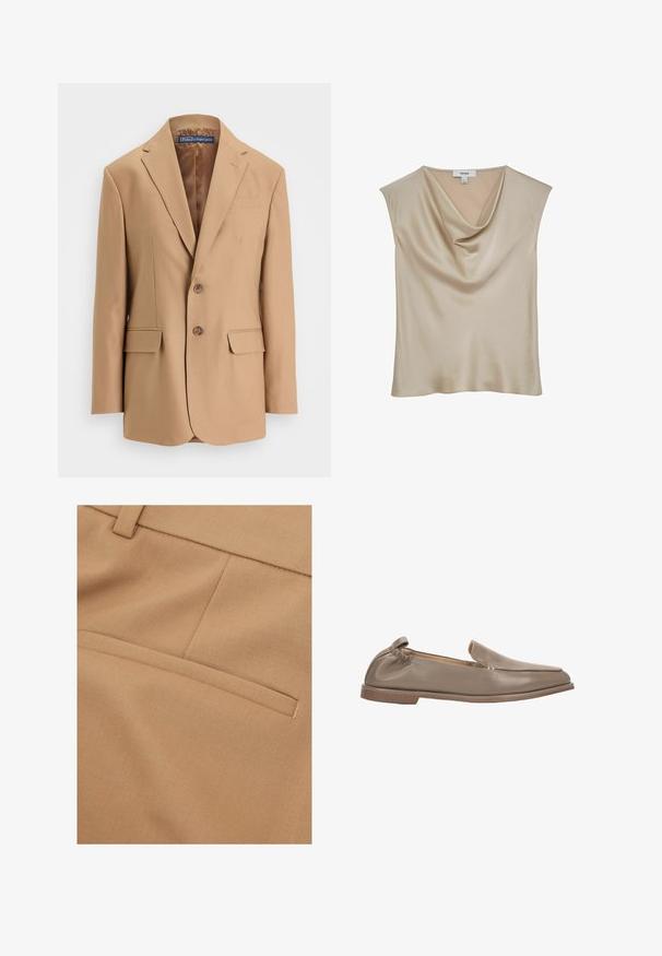Tan blazer van gladde stof, met een eenknopsdesign, twee voorzakken en twee knopen. Met gegoten revers en strakke lijnen.; Beige satijnen mouwloze blouse met watervalhalslijn, gelabeld "REISS", getoond tegen een witte achtergrond.; Close-up van beige stof met een horizontale bieszak en gestikte naaddetail op maat gemaakte kleding.; Zachte beige leren instapschoen met platte zool, lage hak, elastische achterkant en bovenste stiksels in mocassijnstijl.
