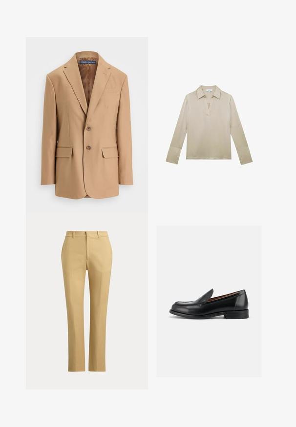Tan blazer lavet af glat stof, med et enkeltknapsdesign, to frontlommer og to knapper. Notched revers og rene linjer.; Beige bluse med lange ærmer, V-hals og manchetter med knapper, vist på hvid baggrund.; Beige bukser med lige ben, bæltestropper, foran lynlås og skræddersyede folder på en ensfarvet lys baggrund.; Sort læderrutsko med lav hæl, rundet tå og mokkasin-syning på toppen, vist fra ydersiden.