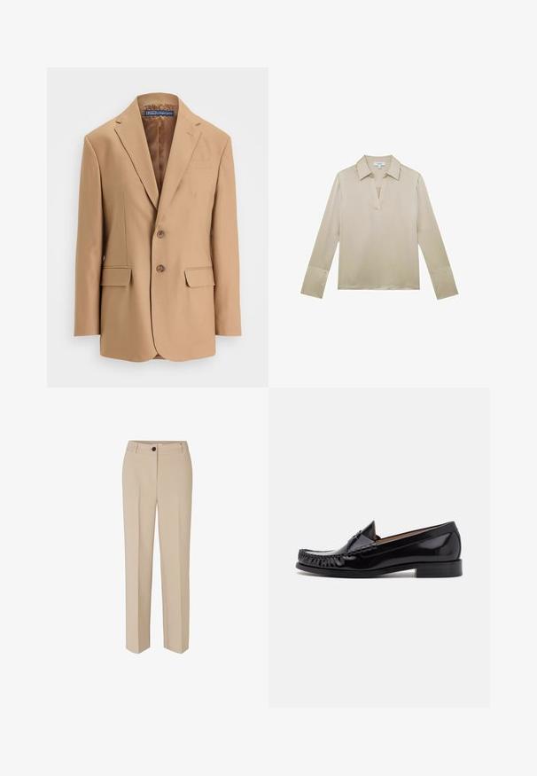 Tan blazer lavet af glat stof, med et enkeltknapsdesign, to frontlommer og to knapper. Notched revers og rene linjer.; Beige bluse med lange ærmer, V-hals og manchetter med knapper, vist på hvid baggrund.; Modström GALE - Bukser - powder sand; Sorte læder moccasin sko med en skinnende finish, der har frynsedetaljer langs fronten og en lav stabelhælk.
