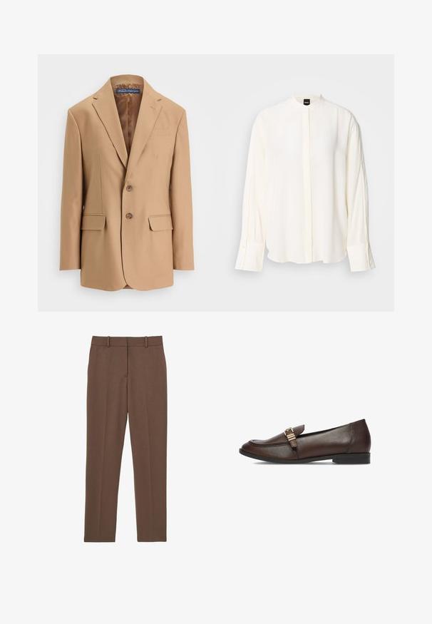 Beige Blazer aus glattem Stoff, mit einem einreihigen Design, zwei vorderen Taschen und zwei Knöpfen. Mit Reverskragen und klaren Linien.; Langärmlige, cremefarbene Bluse aus glattem Stoff; Mandarin-Kragen, verdeckte Knopfleiste, geknöpfte Manschetten und eine lockere Passform.; Braune, maßgeschneiderte gerade geschnittene Hose mit Gürtelschlaufen und einer Bügelfalte in der Mitte jedes Beins, flach auf weißem Hintergrund gezeigt.; Dunkelbrauner Lederloafer mit niedrigem Absatz und goldfarbenem Metallverschluss oben, seitlich auf weißem Hintergrund gezeigt.