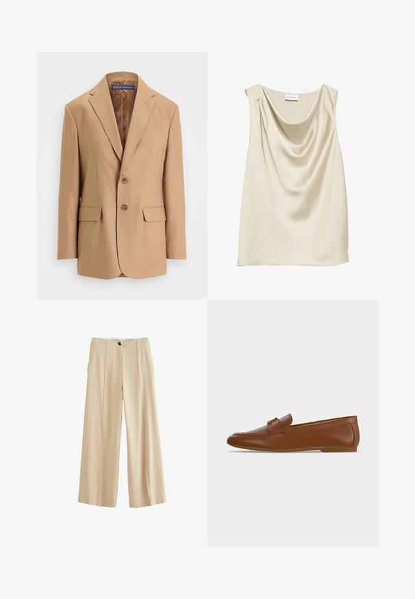 Tan blazer van gladde stof, met een eenknopsdesign, twee voorzakken en twee knopen. Met gegoten revers en strakke lijnen.; Mouwloos crèmekleurig satijnen topje met een gedrapeerde col met draperieën en een klein plooidetail op één schouder.; Next PINSTRIPE WIDE PETITE - Broek - neutral; Bruine leren loafer met een gouden gespdetail en lage platte hak, getoond in zijaanzicht op een effen lichte achtergrond.