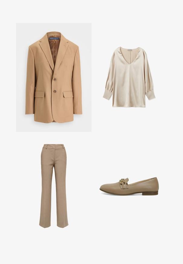 Tan blazer lavet af glat stof, med et enkeltknapsdesign, to frontlommer og to knapper. Notched revers og rene linjer.; Beige satinbluse med dyb V-udskæring, lange puffærmer og tætsiddende manchetter. Glat tekstur og minimalistisk design.; Beige bukser med lige ben, bæltestropper og lynlås foran, vist på hvid baggrund.; Beige læder loafers med en lav hæl, der har et dekorativt bånd med metalliske detaljer og en glat tekstur. Klassisk, slip-on design.