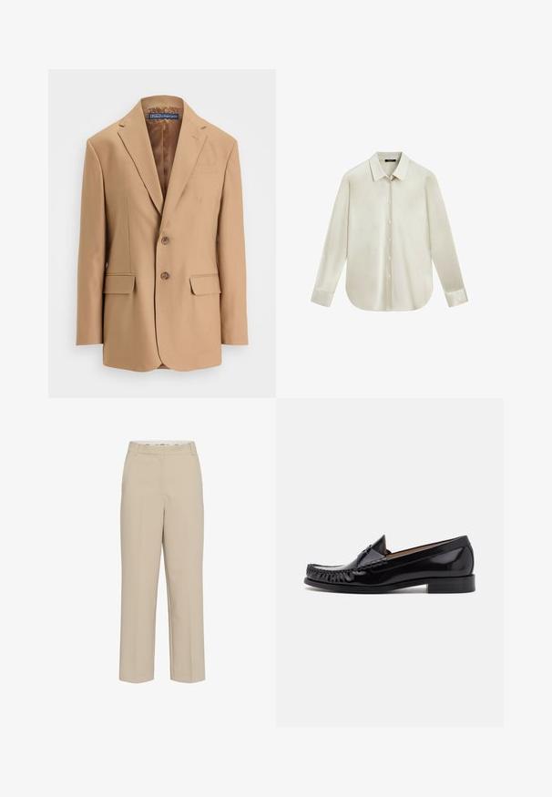 Beige Blazer aus glattem Stoff, mit einem einreihigen Design, zwei vorderen Taschen und zwei Knöpfen. Mit Reverskragen und klaren Linien.; Langärmliges cremefarbenes Hemd mit Knopfleiste, spitzem Kragen und abgerundetem Saum, auf weißem Hintergrund dargestellt.; Beige gerade geschnittene Anzughose mit Gürtelschlaufen und verdecktem Frontverschluss, auf einem weißen Hintergrund präsentiert.; Schwarze Leder-Mokassins mit glänzender Oberfläche, ausgestattet mit Fransenverzierungen an der Vorderseite und einem niedrigen, gestapelten Absatz.