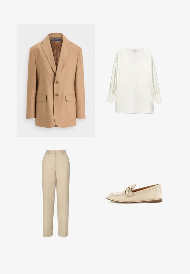 Tan blazer lavet af glat stof, med et enkeltknapsdesign, to frontlommer og to knapper. Notched revers og rene linjer.; Hvid satinbluse med en dyb V-hals, lange pufærmer og en lige kant. Stoffet har en glat, blank overflade.; Beige skræddersyede bukser med en glat, struktureret stof, høj talje og to frontknapper. Har en lige benbredde og minimal syning.; Beige læderloafer med lav hæl og guldfarvet spænde på overdelen, vist mod en hvid baggrund.