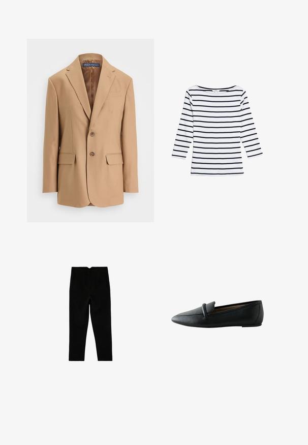 Tan blazer van gladde stof, met een eenknopsdesign, twee voorzakken en twee knopen. Met gegoten revers en strakke lijnen.; Marks & Spencer STRIPED SLASH NECK - Longsleeve - white mix; Zwarte op maat gemaakte broek tot aan de enkel met zijzakken en een licht taps toelopende pijp, plat liggend op een witte achtergrond.; Zwarte leren platte loafer met een afgeronde neus en een riemdetail over de wreef, zijaanzicht.