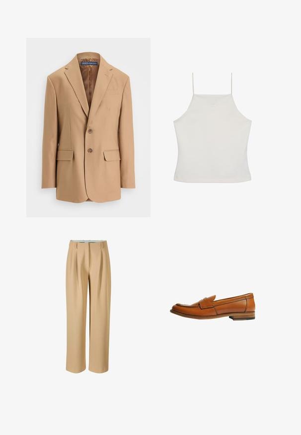 Tan blazer van gladde stof, met een eenknopsdesign, twee voorzakken en twee knopen. Met gegoten revers en strakke lijnen.; Witte mouwloze crop top met dunne bandjes en een subtiel "cK"-logo geborduurd op de borst, effen achtergrond.; Beige wijde broek van een gladde stof, met plooien aan de voorkant en een aansluitende tailleband. Geen zichtbare zakken of versieringen.; Bruine leren loafer met een platte hak, ronde neus en een decoratieve band over de wreef. Gladde textuur met contrasterende stikdetails.
