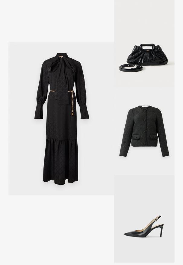Chaqueta larga de manga larga negra texturizada con cuello redondo, botones en la parte delantera y dos bolsillos con solapa abotonados.; Vestido largo negro con cuello alto, detalle de lazo, mangas largas y dobladillo de volantes. Presenta un patrón sutil y un cinturón de cadena dorada.; Tacones altos negros de cuero con tirantes, punta afilada, correa ajustable y un elegante tacón de aguja, con un acabado suave.; Bolso pequeño de cuero negro con textura fruncida, asa rectangular y correa de hombro delgada y desmontable colocada al lado.