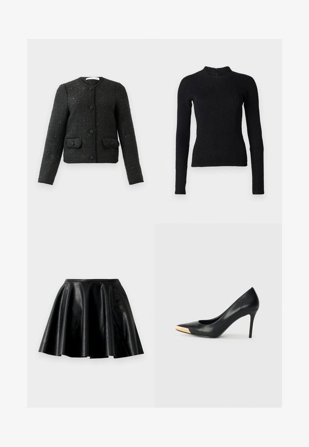 Chaqueta larga de manga larga negra texturizada con cuello redondo, botones en la parte delantera y dos bolsillos con solapa abotonados.; Top negro de manga larga con un diseño ajustado, tejido texturizado y un cuello alto. Cuenta con una cremallera oculta en la parte de atrás para el cierre.; Falda de cuero negro en forma de campana con una textura suave, dobladillo ancho y cintura ajustada. La superficie tiene un brillo sutil y no presenta adornos visibles.; Zapato de tacón alto de cuero negro con puntera afilada; presenta un detalle metálico dorado en la tapa del tacón. Superficie lisa con un diseño elegante.