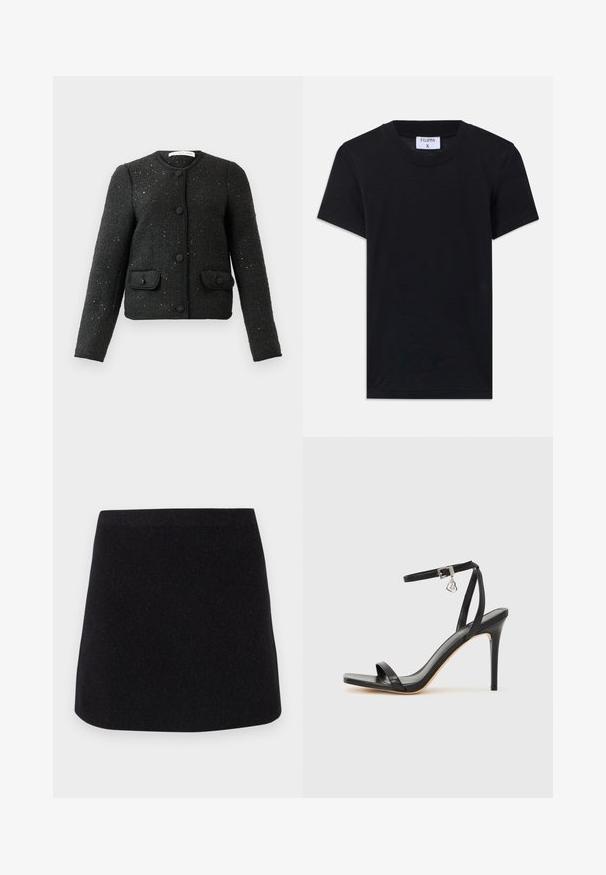 Chaqueta larga de manga larga negra texturizada con cuello redondo, botones en la parte delantera y dos bolsillos con solapa abotonados.; Camiseta de algodón negra con cuello redondo, mangas cortas y un corte relajado. La etiqueta dice "FILIPPA K" en el escote.; CLOSED Falda acampanada - black; Sandalia de tacón alto negra con una estrecha correa en el tobillo, punta cuadrada, material de cuero liso y detalle de hebilla metálica.