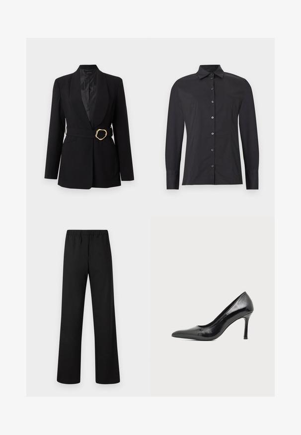 Blazer noir sur mesure avec col châle et ceinture assortie présentant une boucle dorée irrégulière, affiché sur un fond clair uni.; Chemise noire à manches longues avec boutons, col classique, coupe slim et détails de coutures sur fond gris clair.; Pantalon droit à taille élastique noire, confectionné en tissu lisse, devant plat, sans poches apparentes ni décorations.; Chaussure à talon haut pour femme en cuir verni noir avec bout pointu et talon fin sur fond clair uni.