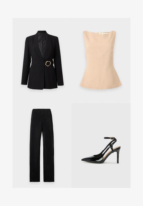 Blazer noir sur mesure avec col châle et ceinture assortie présentant une boucle dorée irrégulière, affiché sur un fond clair uni.; Haut sans manches beige pour femme avec encolure bateau, taille cintrée et ourlet légèrement évasé sur un fond gris clair.; Pantalon noir taille haute à jambes larges avec des plis verticaux subtils, présenté à plat sur un fond gris clair.; Escarpin en cuir verni noir à talon haut, avec un bout pointu, une bride réglable à la cheville et des côtés ouverts. Texture lisse.