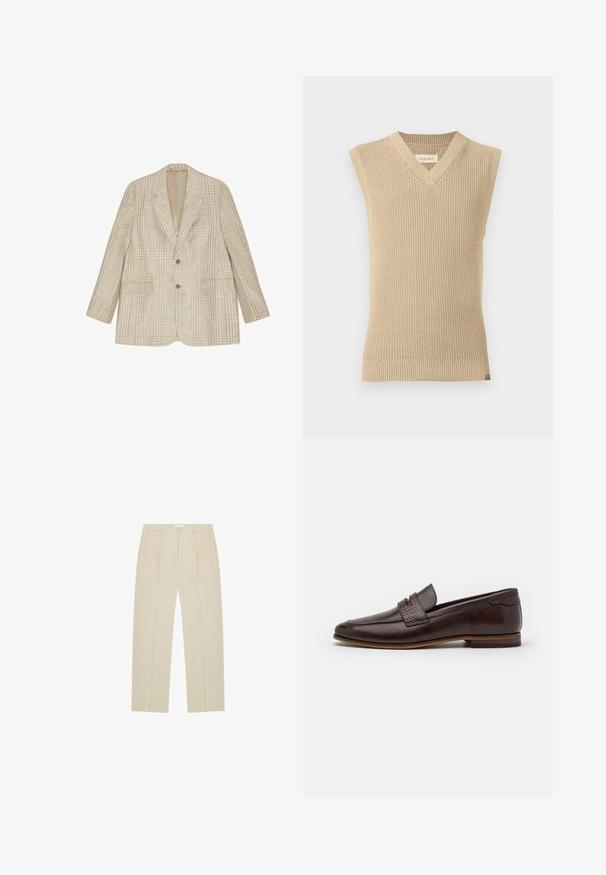 Blazer beige à carreaux avec deux boutons, revers crantés et poches à rabat, présenté à plat sur fond blanc.; Gilet en tricot beige sans manches avec col en V et ourlet côtelé, présenté sur fond blanc uni.; Pantalon beige à jambes droites avec plis sur le devant, poches latérales, passants de ceinture et fermeture par bouton à la taille.; Mocassin en cuir brun avec un accent tressé sur le dessus, finition lisse, bout légèrement pointu et un talon bas empilé.