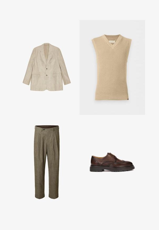 Blazer beige à carreaux avec deux boutons, revers crantés et poches à rabat, présenté à plat sur fond blanc.; Gilet en tricot beige sans manches avec col en V et ourlet côtelé, présenté sur fond blanc uni.; Pantalon marron à motif à carreaux avec un devant plissé, des poches latérales, une taille avec passants pour ceinture et une fermeture par bouton.; Chaussure habillée en cuir marron avec des détails en brogue, bout arrondi et semelle en caoutchouc marron. Dispose de cinq œillets et d'une finition lisse.