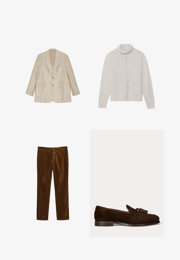 Blazer beige à carreaux avec deux boutons, revers crantés et poches à rabat, présenté à plat sur fond blanc.; Pull en maille torsadée couleur crémeux avec un col haut à côtes, présentant un motif texturé et des poignets et un ourlet côtelés. Matière douce en mélange de laine.; Pantalons en velours côtelé marron avec une coupe droite, dotés d'une fermeture à bouton à l'avant et de deux poches latérales. Tissu texturé avec un motif à côtes.; Mocassin homme en daim marron foncé avec pompons et petit talon empilé sur fond clair uni.