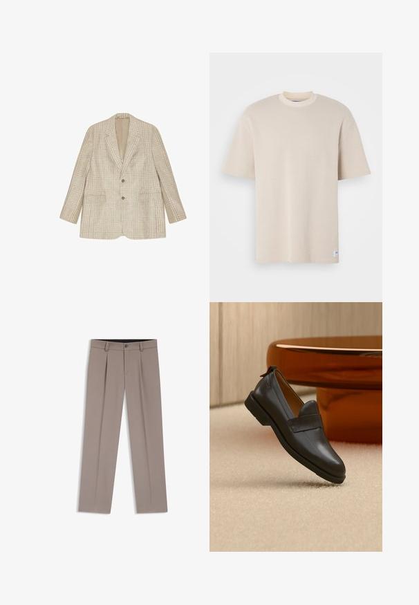 Blazer beige à carreaux avec deux boutons, revers crantés et poches à rabat, présenté à plat sur fond blanc.; T-shirt beige à côtes avec un col rond et des manches courtes, avec une étiquette de marque visible en bas à gauche.; Pantalon homme sur mesure de couleur marron clair avec passants de ceinture, plis, bouton à l'avant et braguette zippée, posé à plat sur un fond blanc.; Mocassin en cuir noir à talon bas flottant au-dessus d'un tapis beige, à côté d'une table brillante couleur ambre dans une pièce minimaliste.