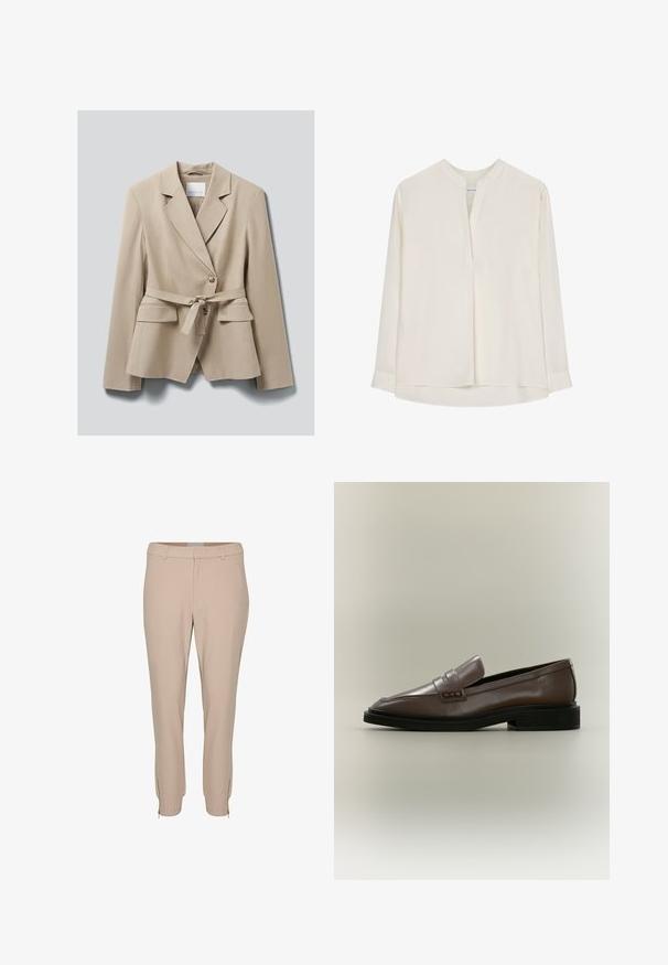 Blazer beige ajusté avec revers crantés, deux poches avant à rabat, fermeture à boutons et ceinture assortie en tissu nouée à la taille.; Seidensticker SEIDENSTICKER TUNIKA SCHWARZE ROSE - Blouse - ecru; Pantalons beiges ajustés, dotés de poches latérales et de détails zippés à l'ourlet, fabriqués dans un tissu lisse et léger.; Mocassin en cuir marron à enfiler avec semelle noire et petit talon, avec un détail de bride sur le dessus.