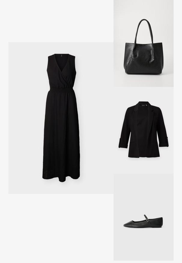 Zwarte blazer met driekwart mouwen, gestructureerde revers, open ontwerp aan de voorkant en knoopdetails op de mouwen. Glad stoftextuur.; Zwart mouwloze maxi-jurk met V-hals, overslag bovenstuk en elastische, geplooide taille, met vloeiende rok, afgebeeld tegen effen achtergrond.; Zwarte leren ballerina's met een spitze neus, platte zool en een kleine gespsluiting rond de enkel voor een veilige pasvorm.; Zwarte geweven lederen totebag met twee handvaten, gestructureerde vorm en subtiele glanzende afwerking, tegen een eenvoudige lichte achtergrond.