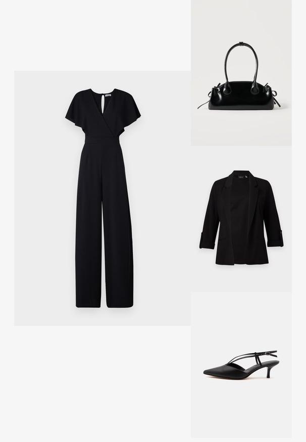 Sort blazer med trekvartærmer, struktureret revers, forreste åbent design og knapdetalje på ærmerne. Glat stoftekstur.; Sort jumpsuit med bred bendesign, korte flæseærmer og v-udskæring. Har en nøglehulslukning bagpå og en tætsiddende talje for et strømlinet look.; Sort læder spids tå kitten heel med tynd ankelrem og spænde, slingback design, på en ensfarvet lys baggrund.; Lille sort blank håndtaske med to lange håndtag og snøre-detaljer i siden på en ensfarvet lys baggrund.