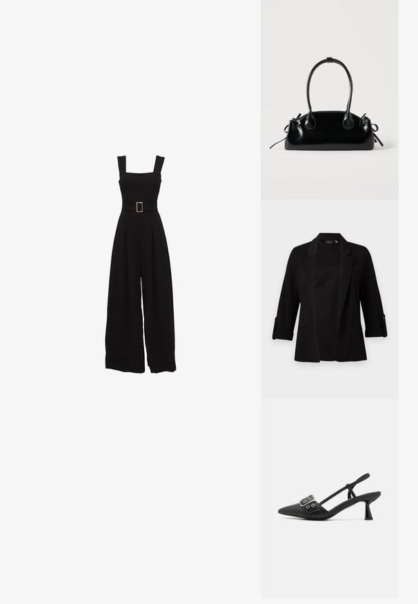 Sort blazer med trekvartærmer, struktureret revers, forreste åbent design og knapdetalje på ærmerne. Glat stoftekstur.; Sort jumpsuit med vide ben, firkantet udskæring, justerbare stropper, talje med bælte og rektangulær spænde samt plisserede detaljer foran.; Simmi London DALA - Pumps - black; Lille sort blank håndtaske med to lange håndtag og snøre-detaljer i siden på en ensfarvet lys baggrund.