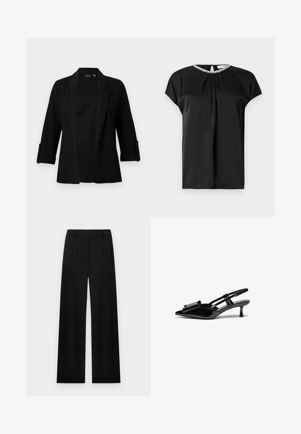 Blazer negro con mangas de tres cuartos, solapa estructurada, diseño abierto en la parte frontal y detalle de botones en las mangas. Textura de tela suave.; Blusa de satén negro con mangas cortas, escote delantero fruncido y detalle de collar adornado. Presenta cierre en la parte trasera con abertura en forma de gota.; Pantalones negros de pierna ancha, entallados, con trabillas para cinturón y pliegues delanteros, exhibidos sobre un fondo blanco.; Zapatos de tacón slingback de charol negro con punta afilada, detalle de lazo en el frente y un pequeño tacón de aguja. Las correas tienen hebillas ajustables.