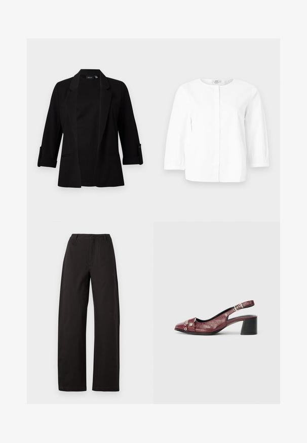 Sort blazer med trekvartærmer, struktureret revers, forreste åbent design og knapdetalje på ærmerne. Glat stoftekstur.; Hvid langærmet bluse med rund halsudskæring, skjulte knapper foran og let rynkede manchetter, vist på en ensfarvet baggrund.; Sorte vidde bukser med høj talje, lige snit og glat tekstur. Ingen synlige mønstre eller hardware detaljer.; Bordeauxfarvet læderslippersko med rund tå, buet design, sølvhardwaredetaljer og blokhæl. Tekstureret finish.