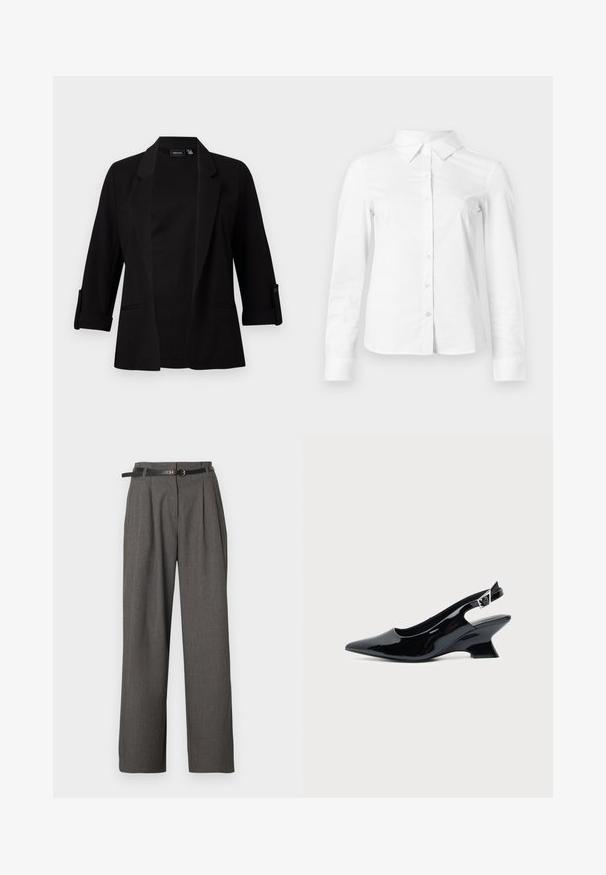 Zwarte blazer met driekwart mouwen, gestructureerde revers, open ontwerp aan de voorkant en knoopdetails op de mouwen. Glad stoftextuur.; Witte blouse met lange mouwen en knopen, met puntige kraag, rechte zoom en aansluitende silhouet, weergegeven op een effen lichte achtergrond.; Grijze pantalon met hoge taille, plooien en zijzakken, gestyled met een dunne zwarte riem met een ronde gouden gesp.; Zwarte lakleren slingback schoen met spitse neus en lage schuine blokhak op een effen lichte achtergrond.