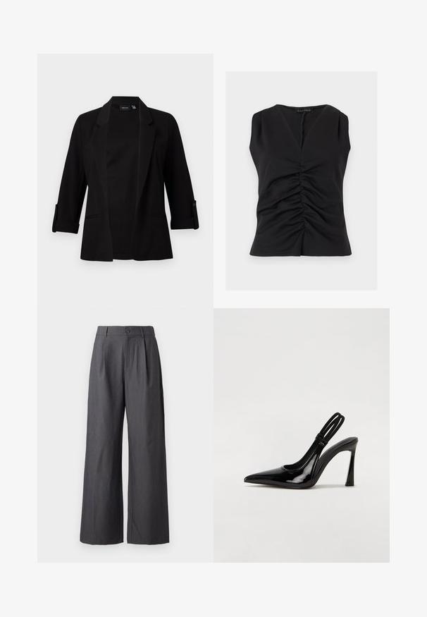 Sort blazer med trekvartærmer, struktureret revers, forreste åbent design og knapdetalje på ærmerne. Glat stoftekstur.; Sort ærmeløs top med V-hals og rynket frontdetalje, lavet af glat stof, mærket Anna Field.; Mørkegrå bukser med vide ben, plisseringer, bæltestropper og knaplukning ved taljen, vist på en ensfarvet baggrund.; Sorte patenterede lædersædler med spidse tæer, slank høj hæl og dobbelt elastisk rem for sikker pasform. Glat, skinnende overflade.