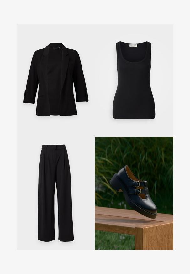 Schwarzer Blazer mit dreiviertel langen Ärmeln, strukturiertem Revers, offenem Schnitt und Knopfdetails an den Ärmeln. Glatte Stofftextur.; Schwarzes, geripptes Tanktop mit rundem Ausschnitt, breiten Trägern und figurbetontem Schnitt. Etikett auf der Rückseite mit der Aufschrift "Marc O'Polo".; Schwarze High-Waist-Hose mit weitem Bein, Gürtelschlaufen und einem Reißverschluss vorne, vor weißem Hintergrund präsentiert.; Schwarzer Lederschuh mit doppelter Schnalle und perforierten Details, der über einer Holzbank im Freien mit grünem Gras und Pflanzen im Hintergrund schwebt.