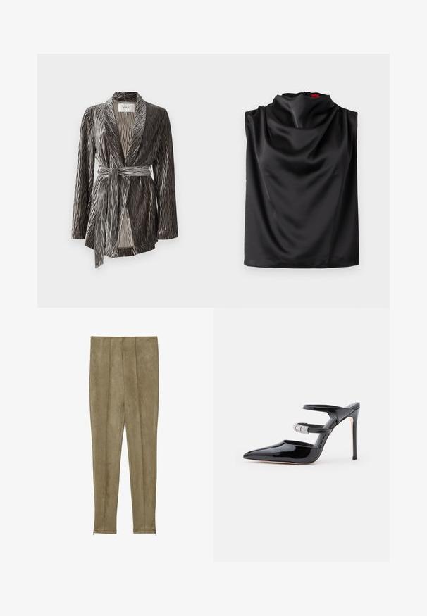 Veste wrap grise douce et texturée avec des manches longues, un design plissé et une ceinture assortie. Elle présente un col châle et une coupe mi-longue.; Blouse sans manches en satin noir avec un col bénitier drapé, une texture lisse et une fermeture éclair latérale. Étiquette visible en rouge à l'intérieur du vêtement.; Pantalons en faux daim de couleur kaki avec des détails de couture verticale et des poignets étroits, présentant une texture lisse et une silhouette ajustée.; Mule à talon haut en cuir verni noir avec un embout pointu, deux bandes traversant le pied, l'une ornée de strass, sur fond blanc.