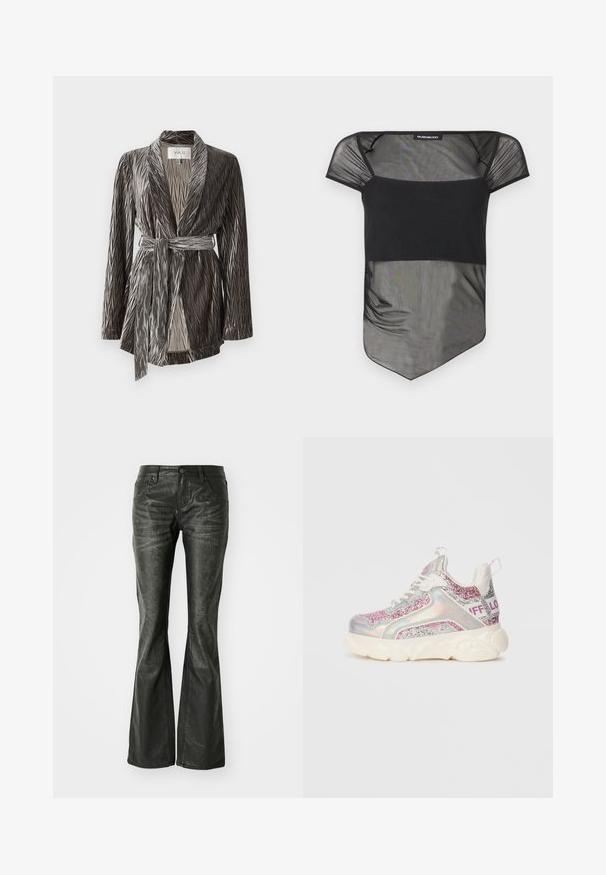 Veste wrap grise douce et texturée avec des manches longues, un design plissé et une ceinture assortie. Elle présente un col châle et une coupe mi-longue.; Haut en maille noire transparente avec un décolleté carré, des manches courtes style capuchon et un ourlet asymétrique.; Jean flare en simili cuir noir avec poches avant, fermeture à bouton métallique et surface légèrement texturée. Jambe droite avec une coupe longue.; Basket de sport chunky avec semelle blanche, panneaux holographiques, accents pailletés rose et argent, lacets blancs et texte "BUFFALO" sur la bride du talon.
